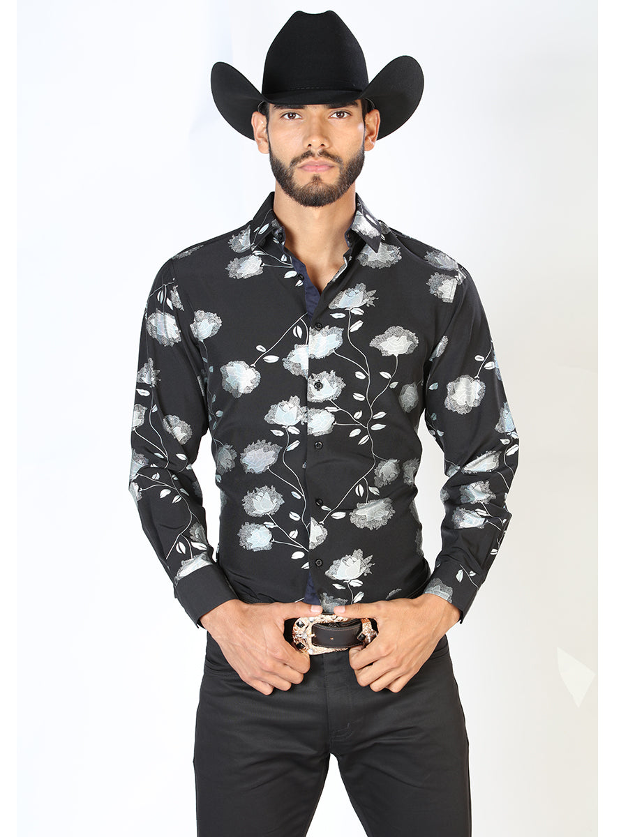 Black Floral Print Long Sleeve Denim Shirt for Men 'The Lord of the Skies' - ID: 43777