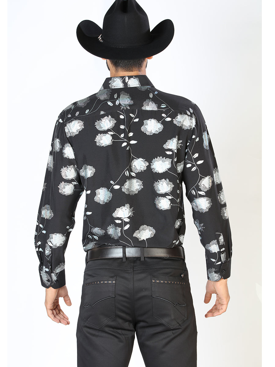Camisa Vaquera Manga Larga Estampada Floral Negro para Hombre 'El Señor de los Cielos' - ID: 43777 Western Shirt El Señor de los Cielos 