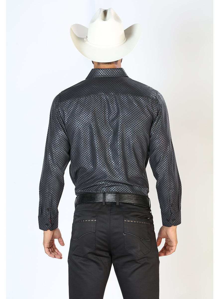 Camisa Vaquera Manga Larga Estampada Negro para Hombre 'El Señor de los Cielos' - ID: 43781
