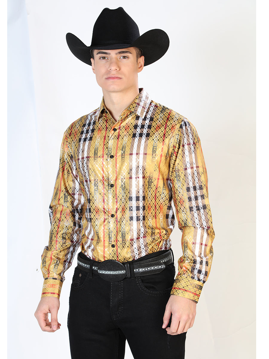Long Sleeve Denim Shirt Printed Yellow Stripes for Men 'The Lord of the Skies' - ID: 43784