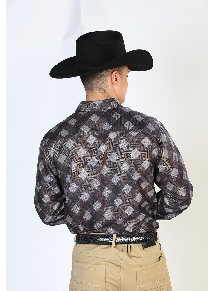 Black Checkered Printed Long Sleeve Denim Shirt for Men 'El Señor de los Cielos' - ID: 43785 Western Shirt El Señor de los Cielos