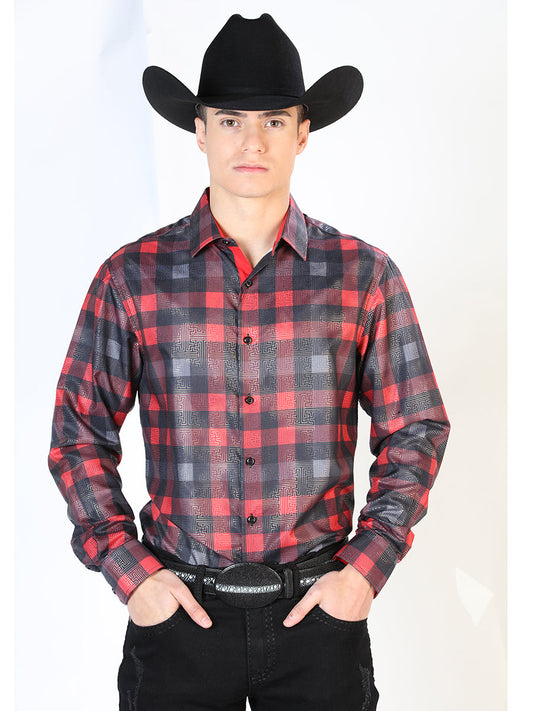 Long Sleeve Denim Shirt Printed Red / Black Squares for Men 'The Lord of the Skies' - ID: 43786