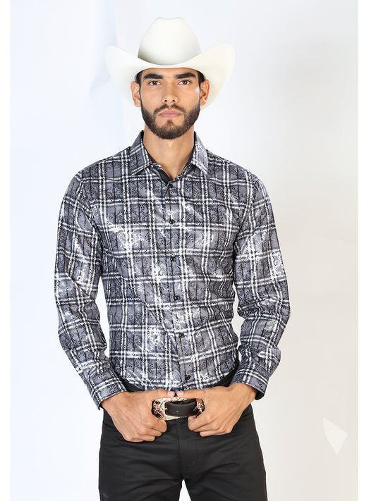 Long Sleeve Denim Shirt Printed Gray Squares for Men 'The Lord of the Skies' - ID: 43789