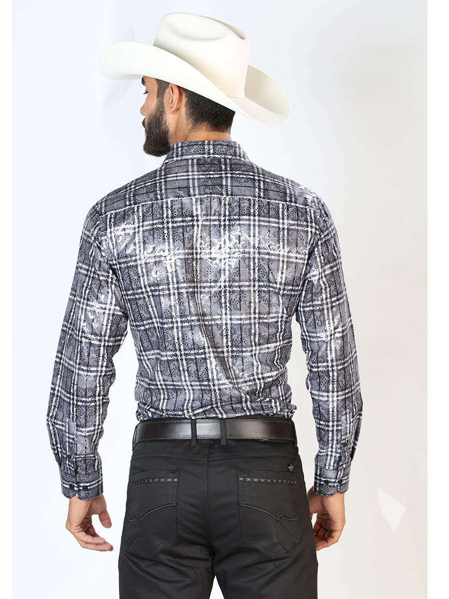 Gray Checkered Printed Long Sleeve Denim Shirt for Men 'El Señor de los Cielos' - ID: 43789 Western Shirt El Señor de los Cielos