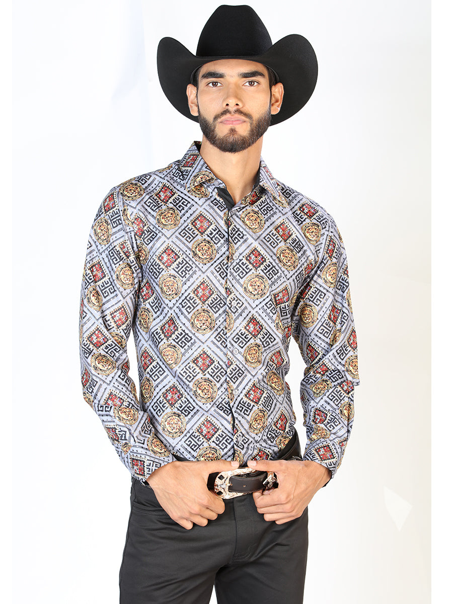 Gold / White Printed Long Sleeve Denim Shirt for Men 'The Lord of the Skies' - ID: 43790