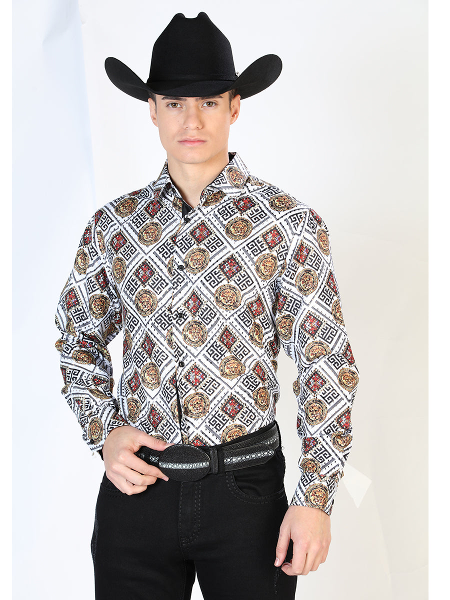 Gold / White Printed Long Sleeve Denim Shirt for Men 'The Lord of the Skies' - ID: 43791