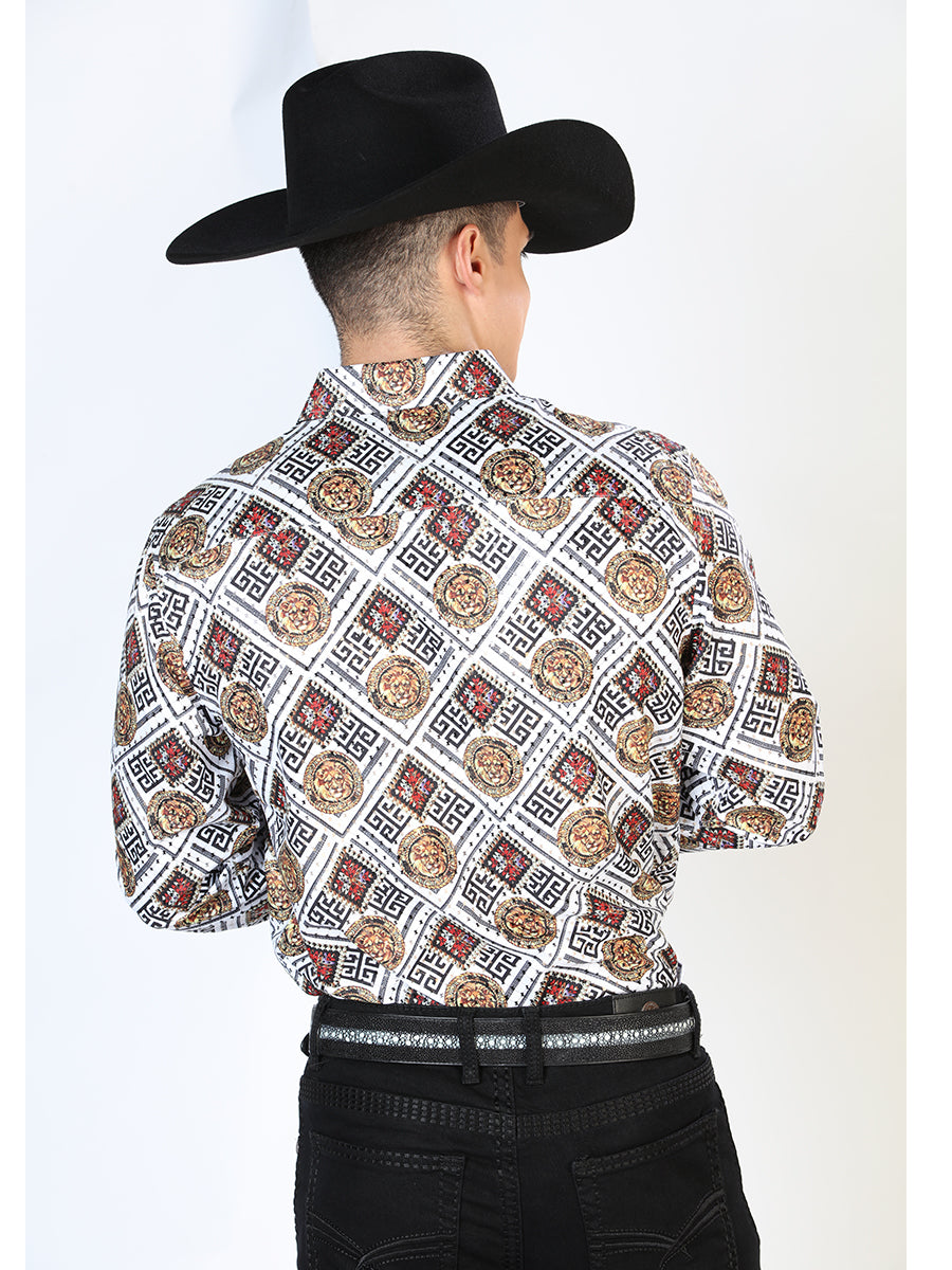 Gold / White Printed Long Sleeve Denim Shirt for Men 'The Lord of the Skies' - ID: 43791