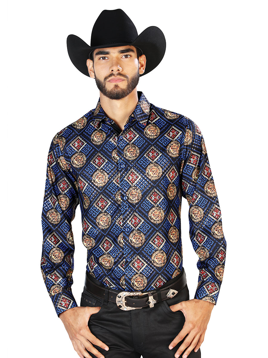 Navy Blue Printed Long Sleeve Denim Shirt for Men 'The Lord of the Skies' - ID: 43792