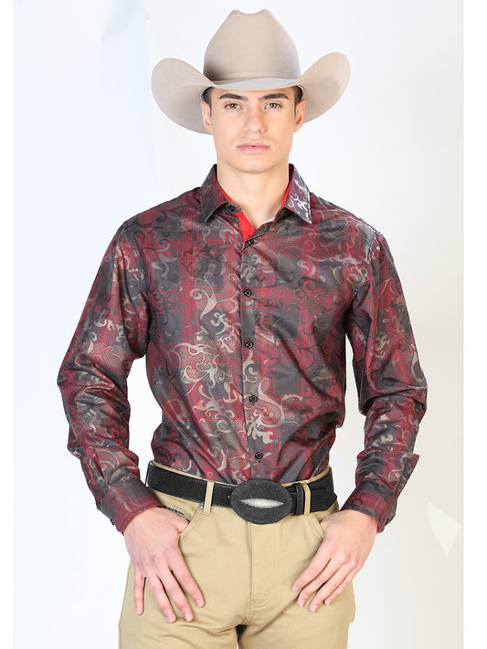 Long Sleeve Denim Shirt Printed Red / Black Squares for Men 'The Lord of the Skies' - ID: 43795