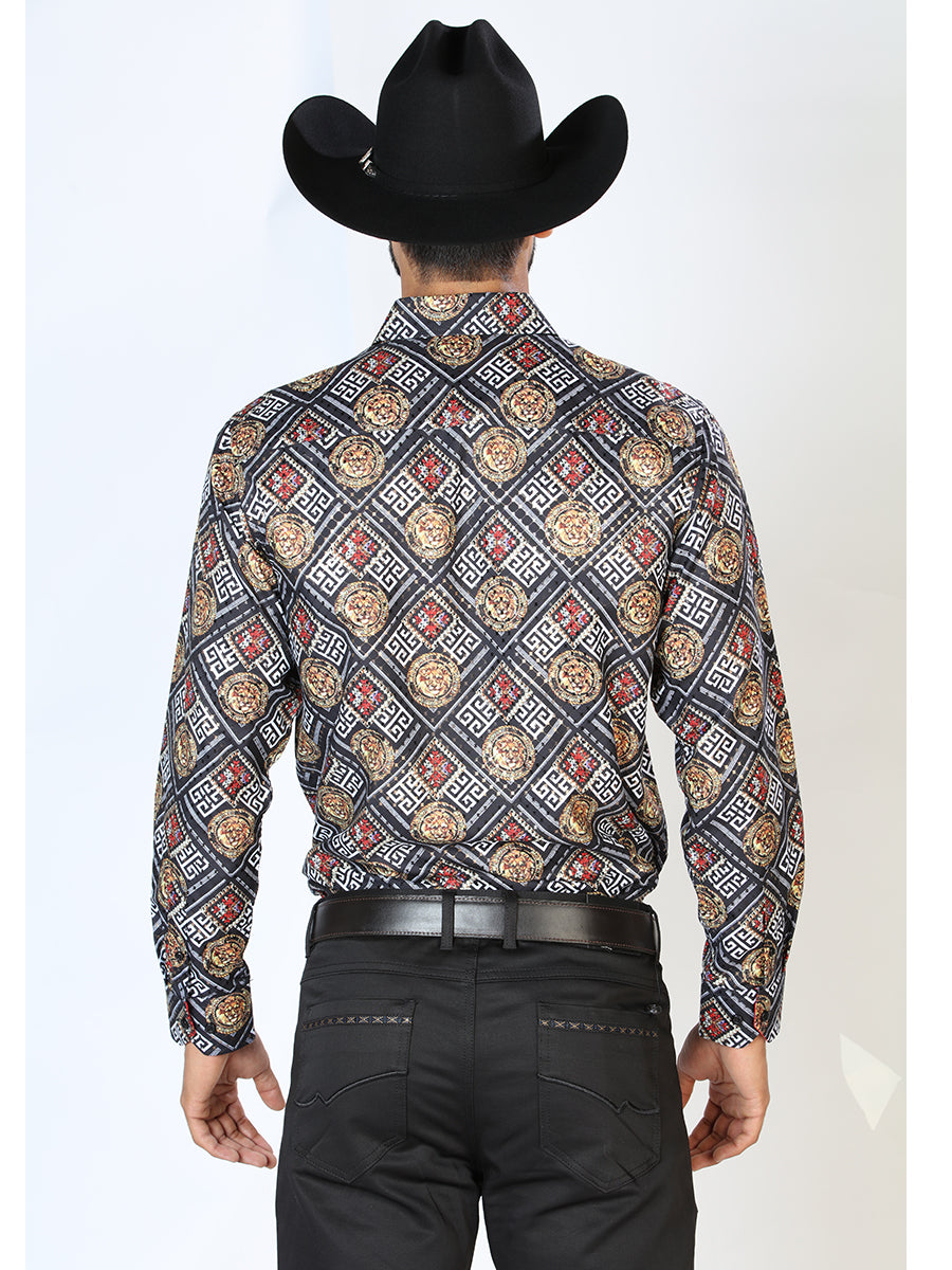 Long Sleeve Printed White/Black Denim Shirt for Men 'The Lord of the Skies' - ID: 43798
