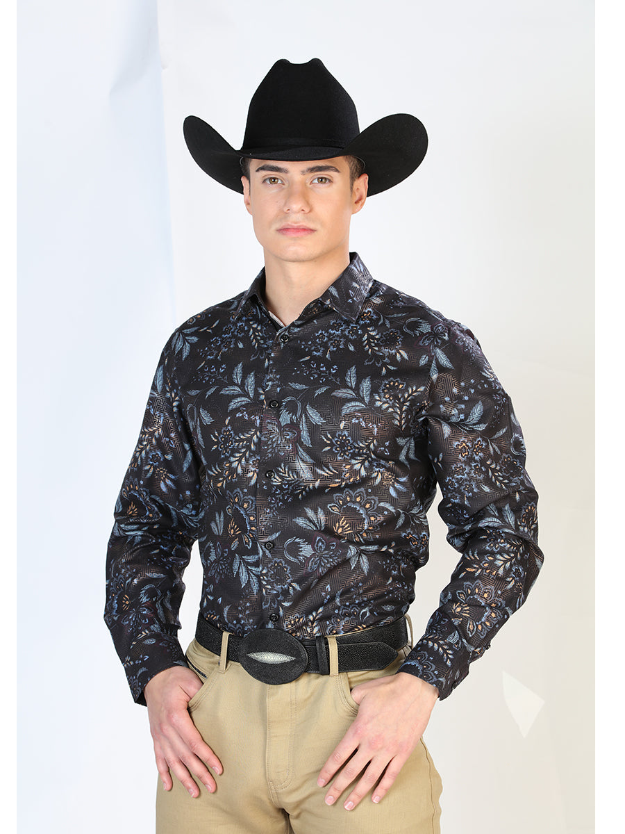 Black Floral Print Long Sleeve Denim Shirt for Men 'The Lord of the Skies' - ID: 43799