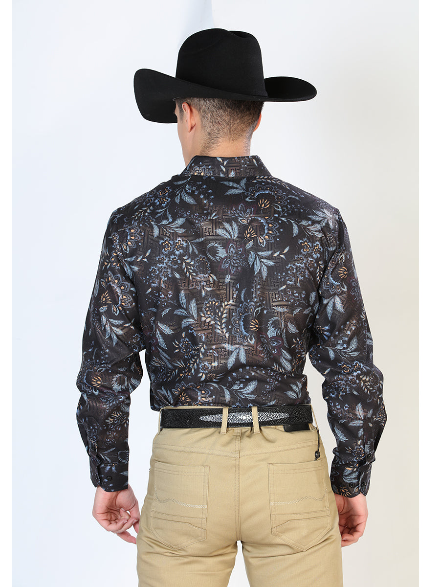 Black Floral Print Long Sleeve Denim Shirt for Men 'The Lord of the Skies' - ID: 43799