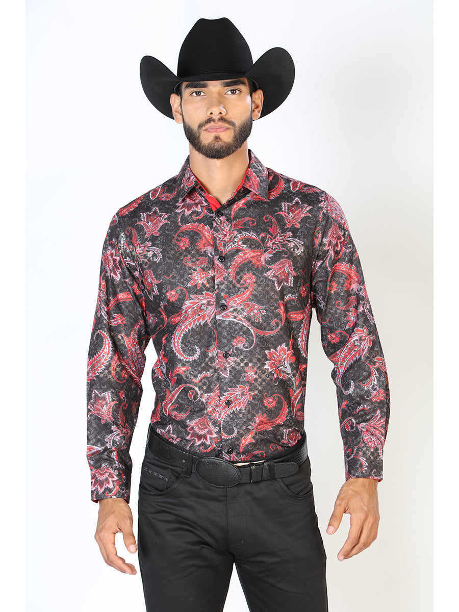 Black/Red Paisley Print Long Sleeve Denim Shirt for Men 'The Lord of the Skies' - ID: 43804