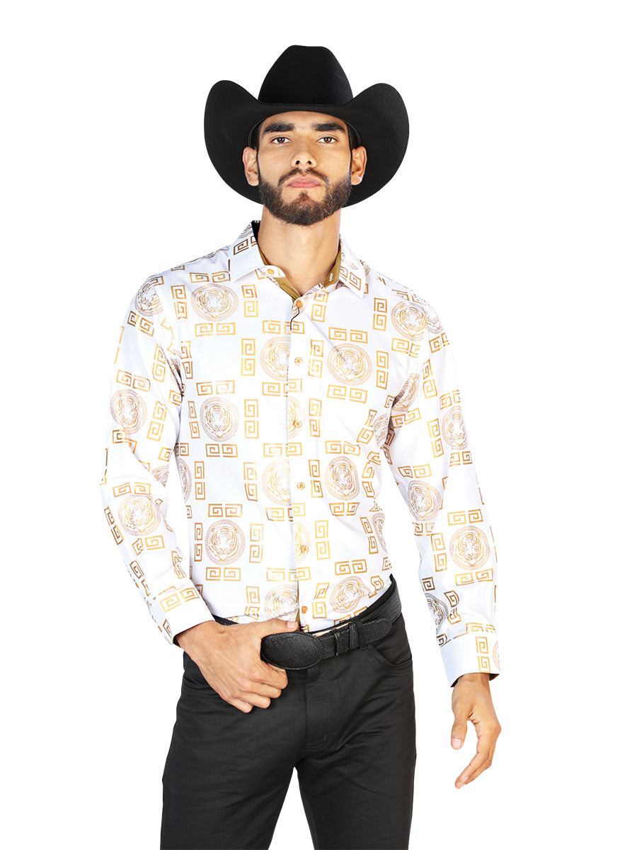 Long Sleeve Denim Shirt Printed White Tigers for Men 'The Lord of the Skies' - ID: 43806