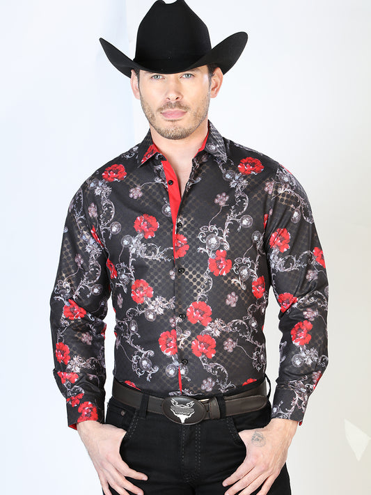 Camisa Vaquera Manga Larga Estampada Floral Negro para Hombre 'El Señor de los Cielos' - ID: 43809 Western Shirt El Señor de los Cielos Black