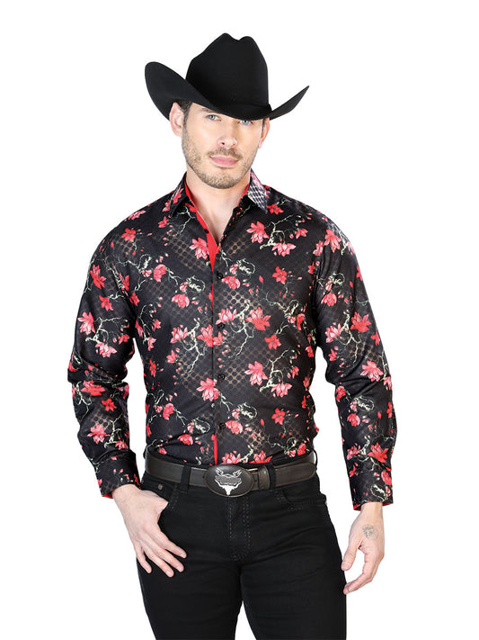 Black Floral Printed Long Sleeve Denim Shirt for Men 'El Señor de los Cielos' - ID: 43810 Western Shirt El Señor de los Cielos Black