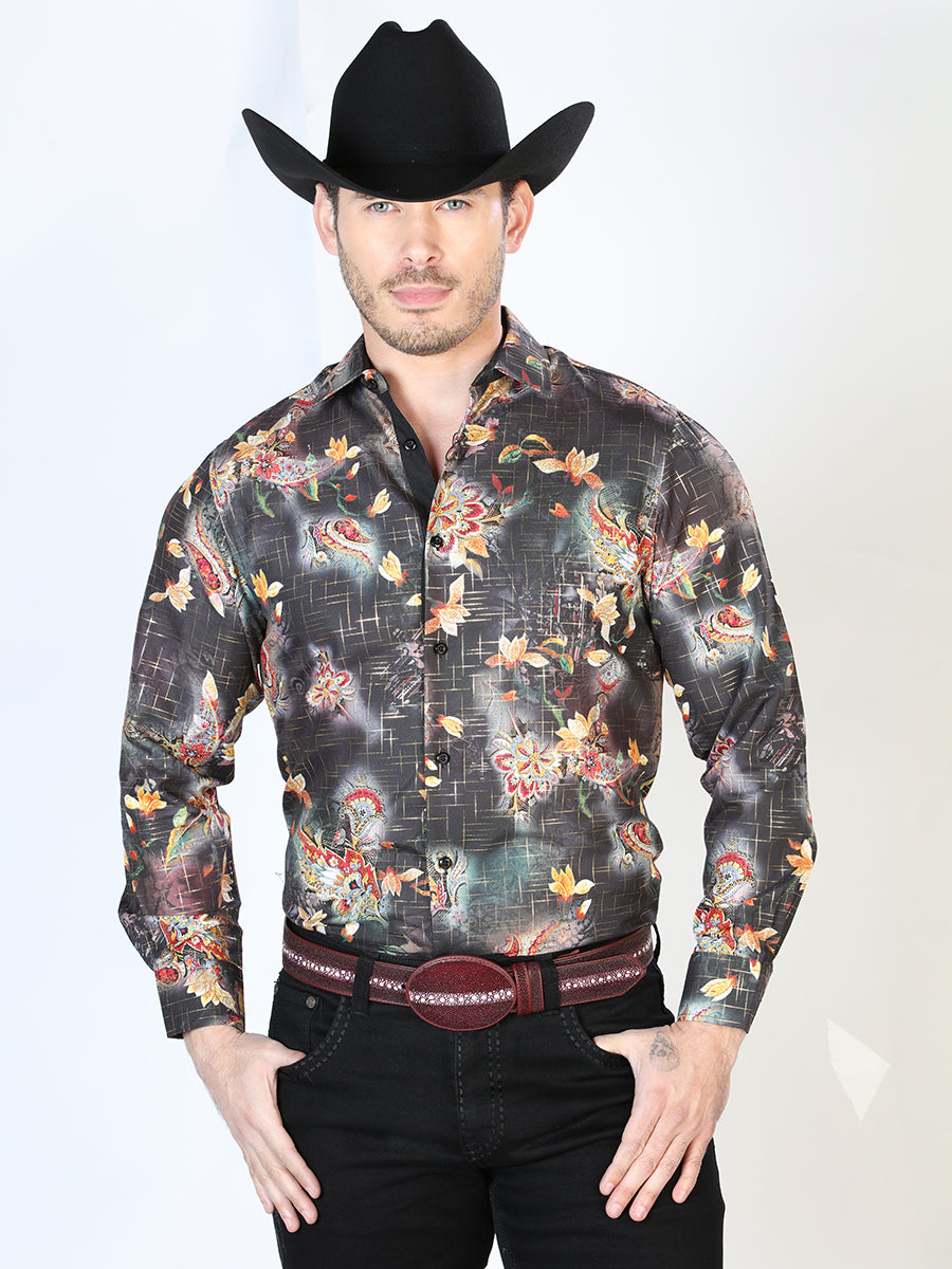 Long Sleeve Denim Shirt Printed Black Multicolor for Men 'The Lord of the Skies' - ID: 43813