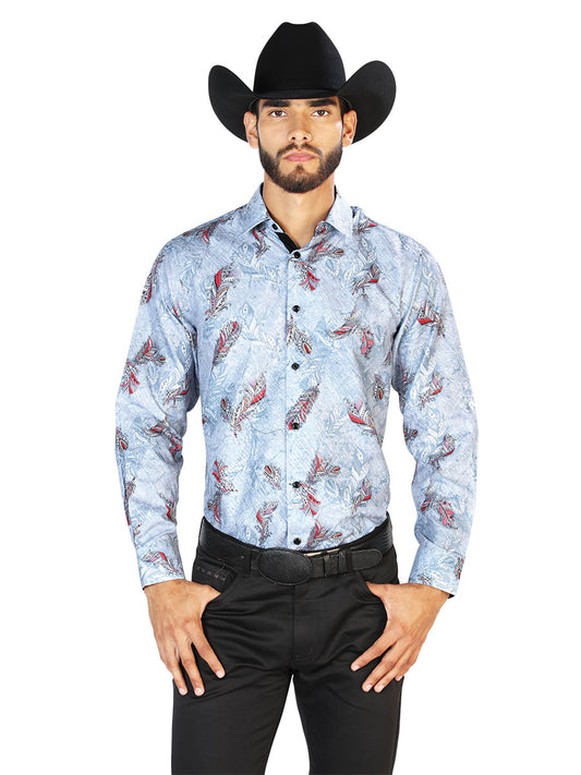 Camisa Vaquera Manga Larga Estampada Plumas Gris para Hombre 'El Señor de los Cielos' - ID: 43815 Western Shirt El Señor de los Cielos Gray