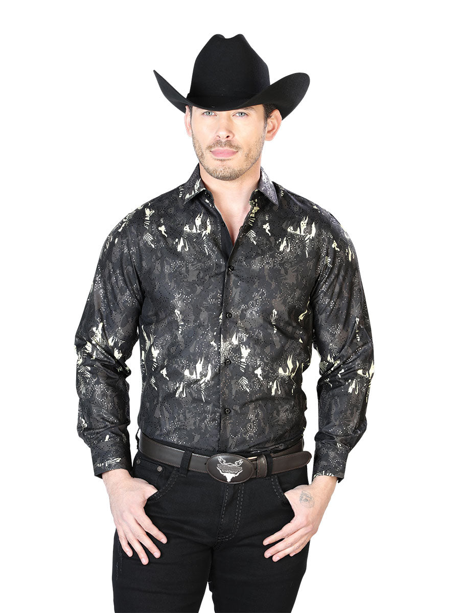 Camisa Vaquera Manga Larga Estampada Negro para Hombre 'El Señor de los Cielos' - ID: 43817