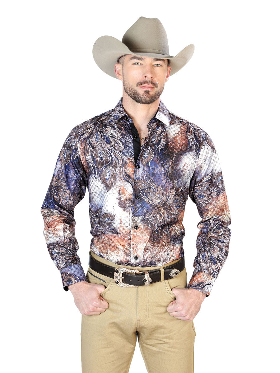 Black Printed Long Sleeve Denim Shirt for Men 'The Lord of the Skies' - ID: 43818