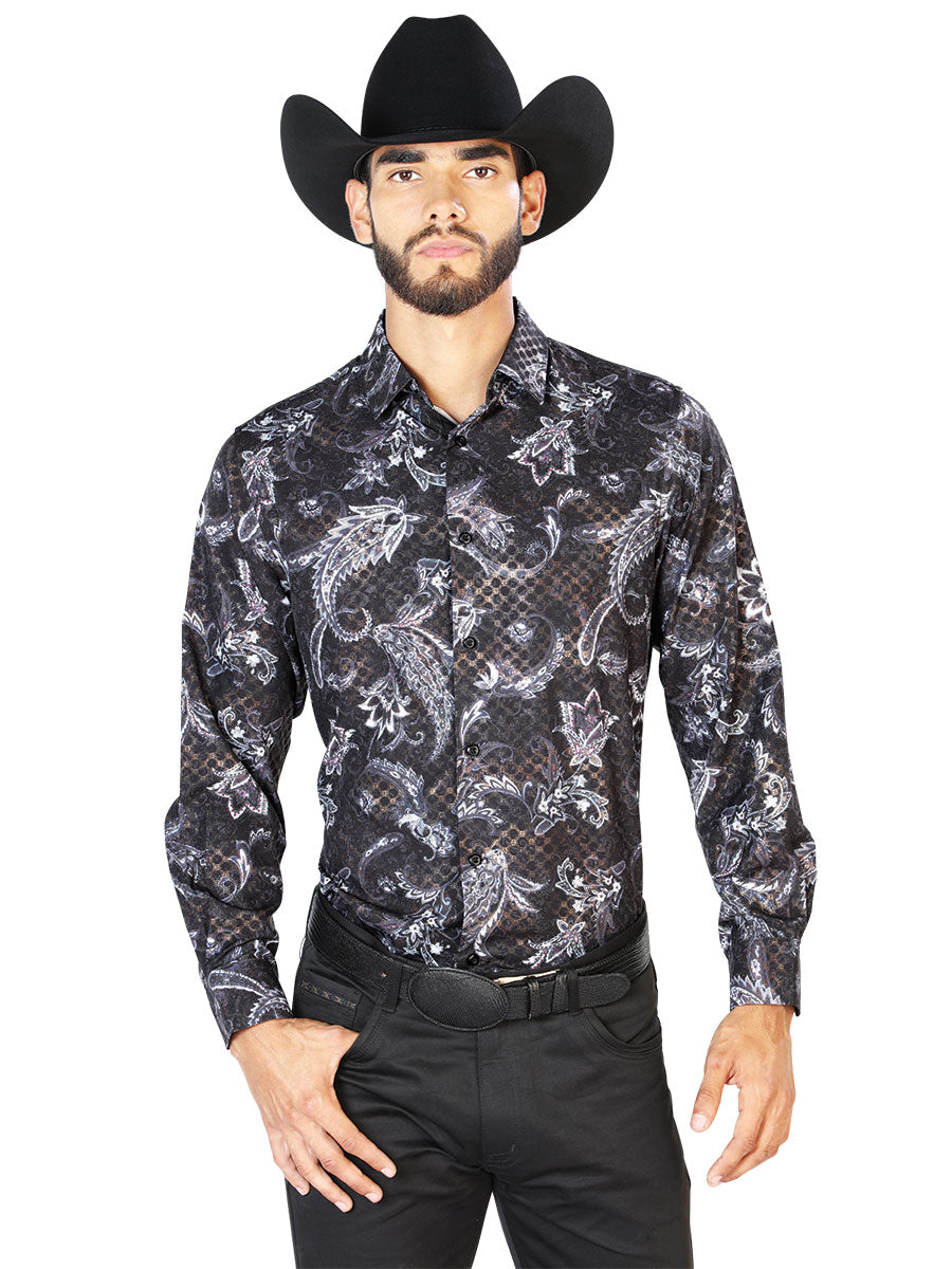 Black Printed Long Sleeve Denim Shirt for Men 'The Lord of the Skies' - ID: 43830