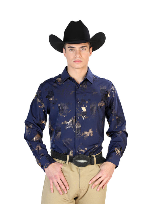 Navy Blue Bulls Printed Long Sleeve Denim Shirt for Men 'El Señor de los Cielos' - ID: 43832 Western Shirt El Señor de los Cielos Navy Blue