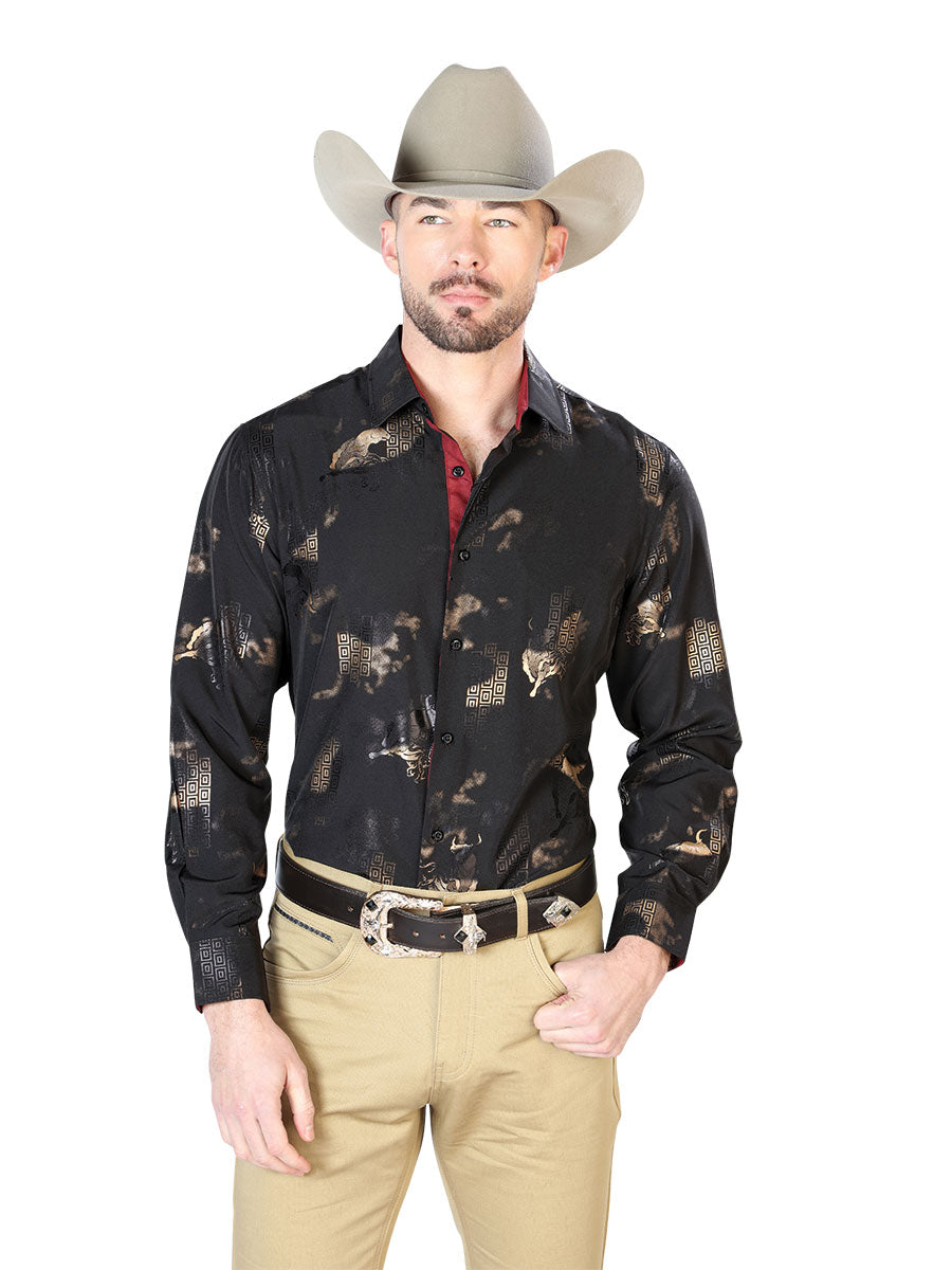 Long Sleeve Cowboy Shirt Printed Black Bulls for Men 'The Lord of the Skies' - ID: 43835