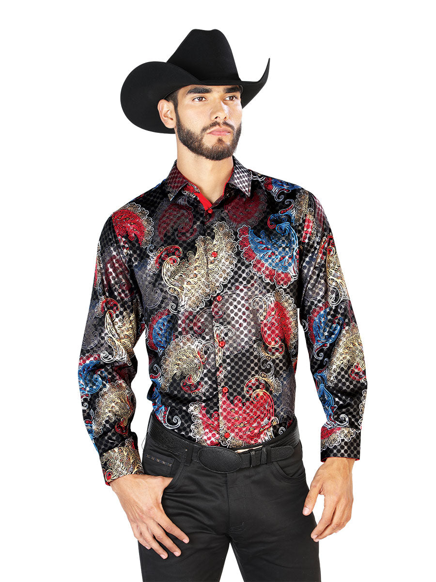Black Printed Long Sleeve Denim Shirt for Men 'The Lord of the Skies' - ID: 43836