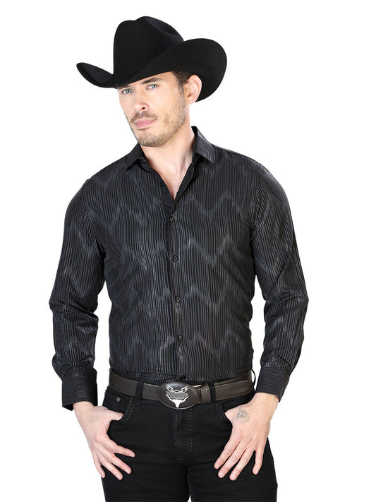 Black Printed Long Sleeve Denim Shirt for Men 'The Lord of the Skies' - ID: 43838