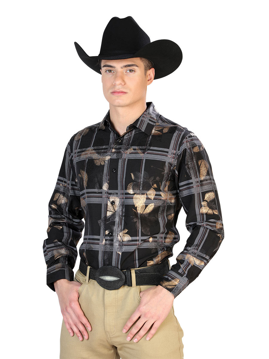 Long Sleeve Denim Shirt Printed Black Squares for Men 'The Lord of the Skies' - ID: 43839