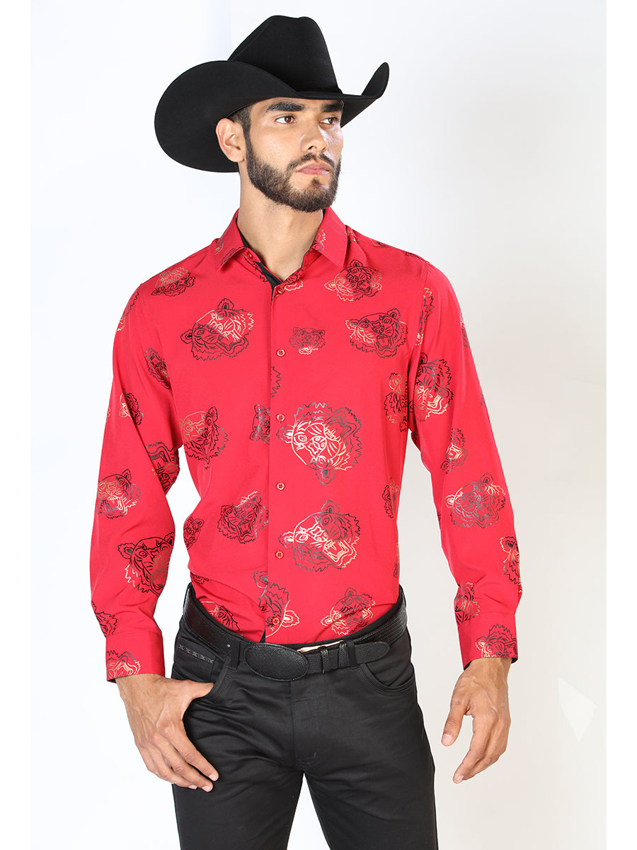 Long Sleeve Denim Shirt Printed Red Tigers for Men 'The Lord of the Skies' - ID: 43840