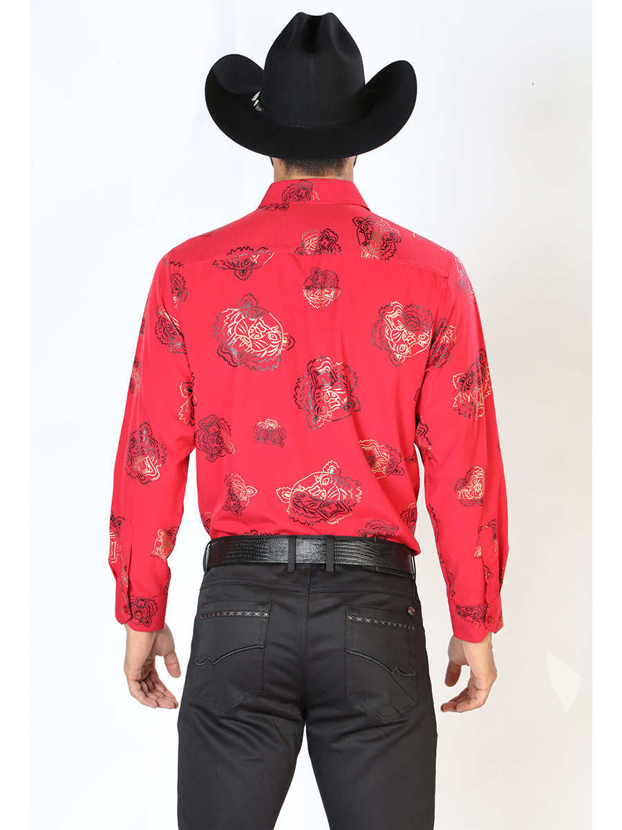 Camisa Vaquera Manga Larga Estampada Tigres Rojo para Hombre 'El Señor de los Cielos' - ID: 43840 Western Shirt El Señor de los Cielos 