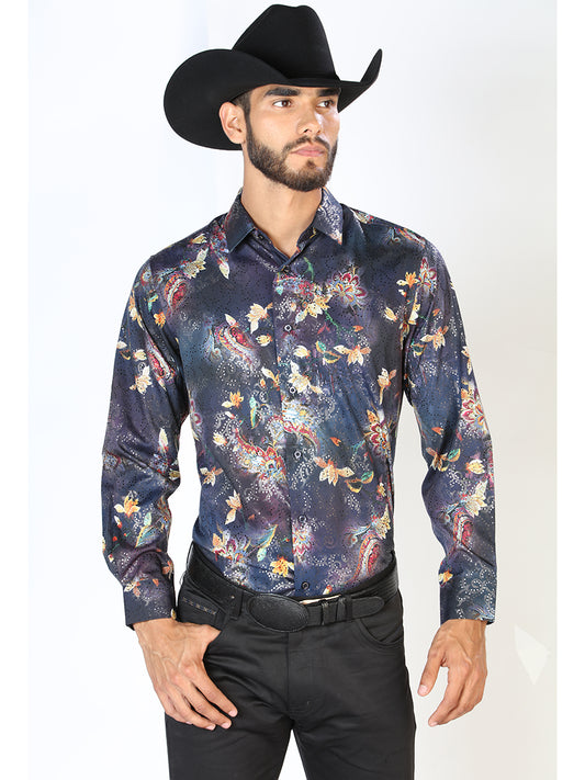 Long Sleeve Navy Printed Denim Shirt for Men 'The Lord of the Skies' - ID: 43841