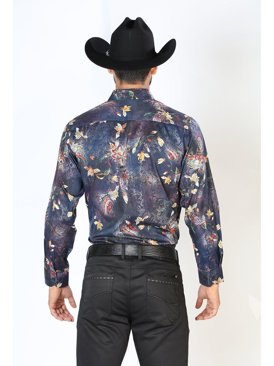 Long Sleeve Navy Printed Denim Shirt for Men 'The Lord of the Skies' - ID: 43841
