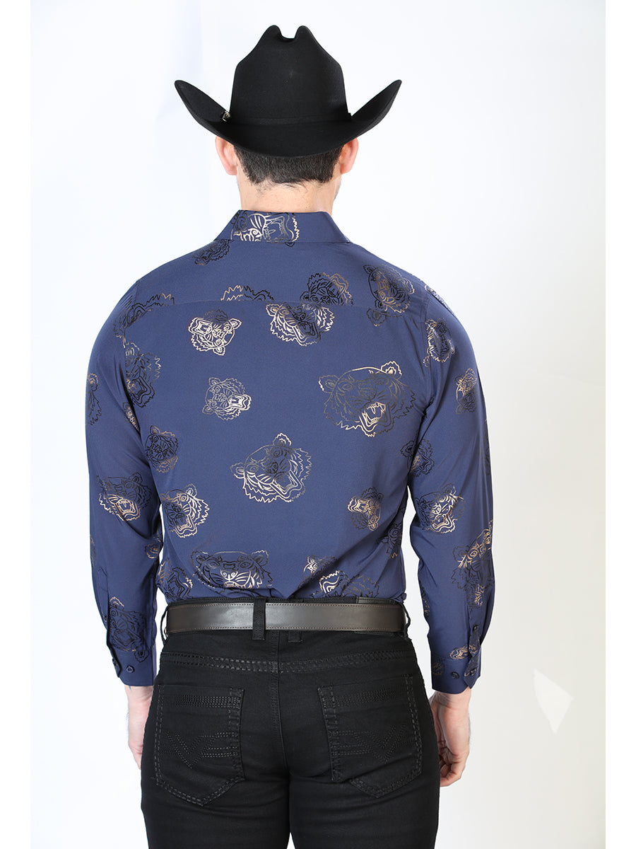 Long Sleeve Denim Shirt Printed Navy Blue Tigers for Men 'The Lord of the Skies' - ID: 43843