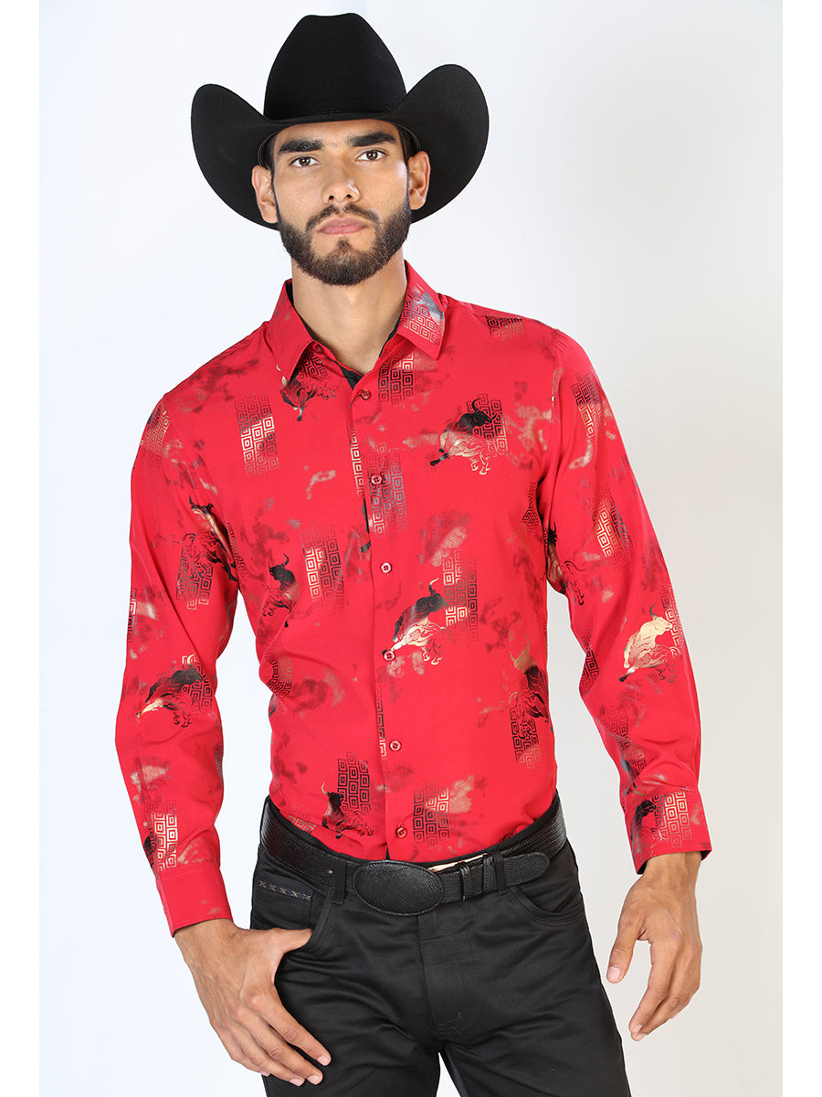 Long Sleeve Cowboy Shirt Printed Wine Bulls for Men 'The Lord of the Skies' - ID: 43846
