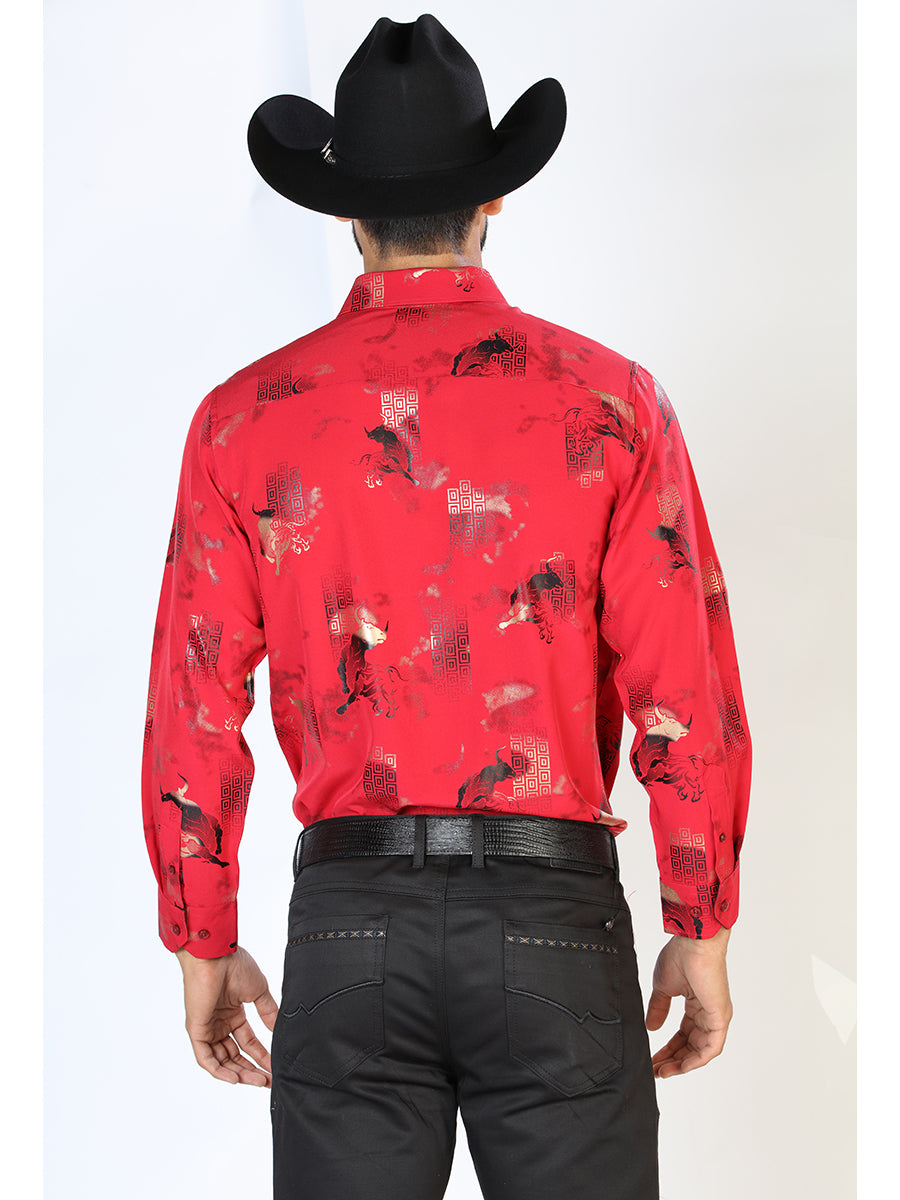 Men's Wine Bull Printed Long Sleeve Denim Shirt 'El Señor de los Cielos' - ID: 43846 Western Shirt El Señor de los Cielos