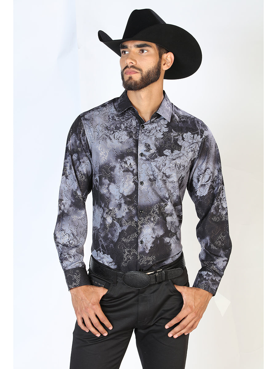 Black Printed Long Sleeve Denim Shirt for Men 'The Lord of the Skies' - ID: 43849