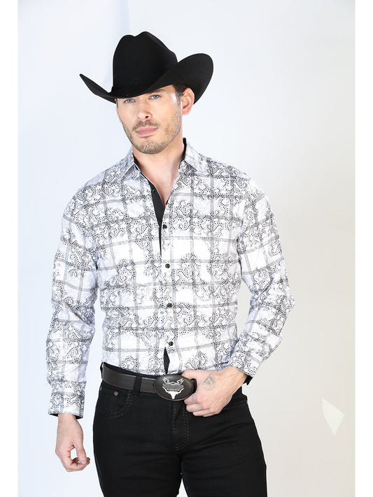 Long Sleeve Printed Gray Checkered Denim Shirt for Men 'El Señor de los Cielos' - ID: 43850 Western Shirt El Señor de los Cielos Gray