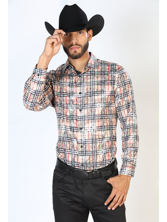 Camisa Vaquera Manga Larga Estampada Cuadros Beige/Negro para Hombre 'El Señor de los Cielos' - ID: 43852 Western Shirt El Señor de los Cielos Beige/Black