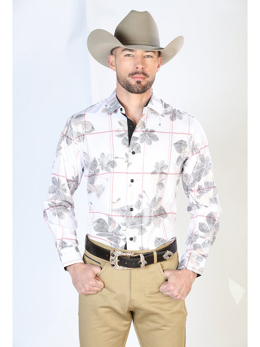 White Checkered Printed Long Sleeve Denim Shirt for Men 'El Señor de los Cielos' - ID: 43854 Western Shirt El Señor de los Cielos White