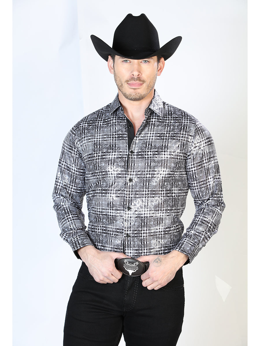 Black Checkered Printed Long Sleeve Denim Shirt for Men 'El Señor de los Cielos' - ID: 43855 Western Shirt El Señor de los Cielos Black