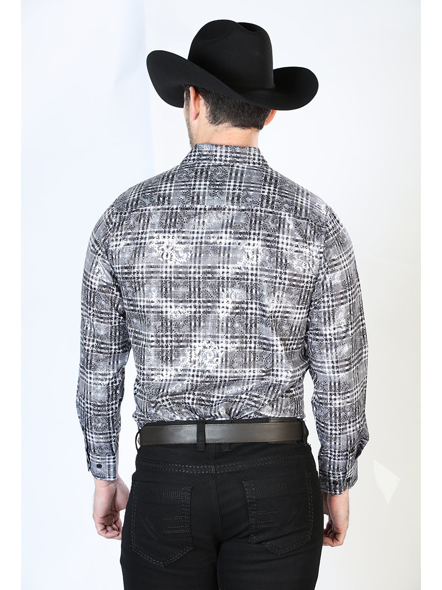 Black Checkered Printed Long Sleeve Denim Shirt for Men 'El Señor de los Cielos' - ID: 43855 Western Shirt El Señor de los Cielos