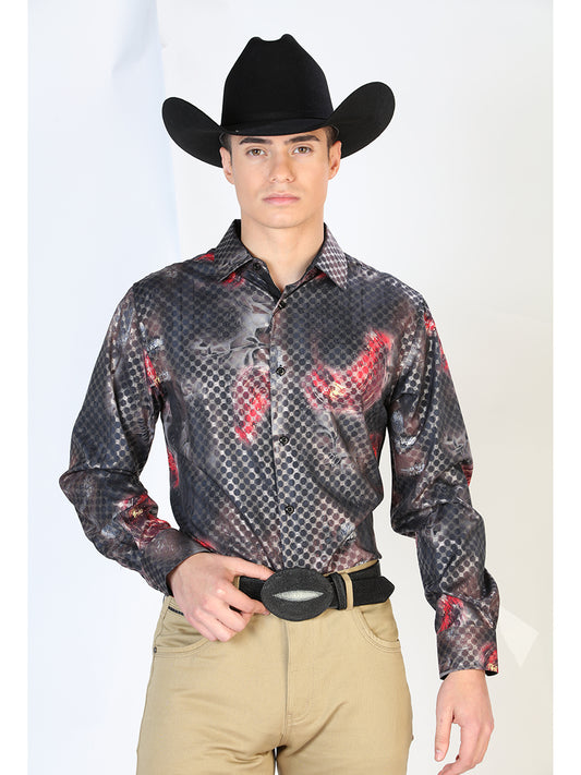 Long Sleeve Printed Black/Multicolor Denim Shirt for Men 'The Lord of the Skies' - ID: 43858