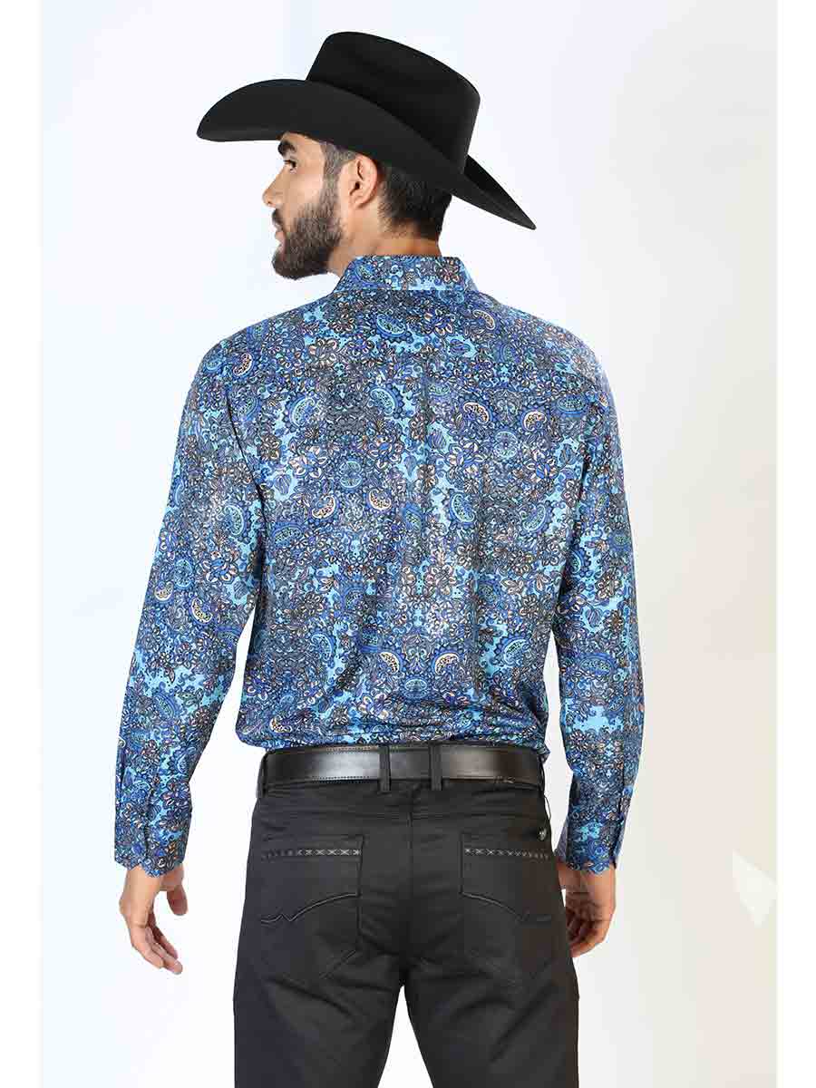 Camisa Vaquera Manga Larga Estampada Cachemir Azul para Hombre 'El Señor de los Cielos' - ID: 43859 Western Shirt El Señor de los Cielos 
