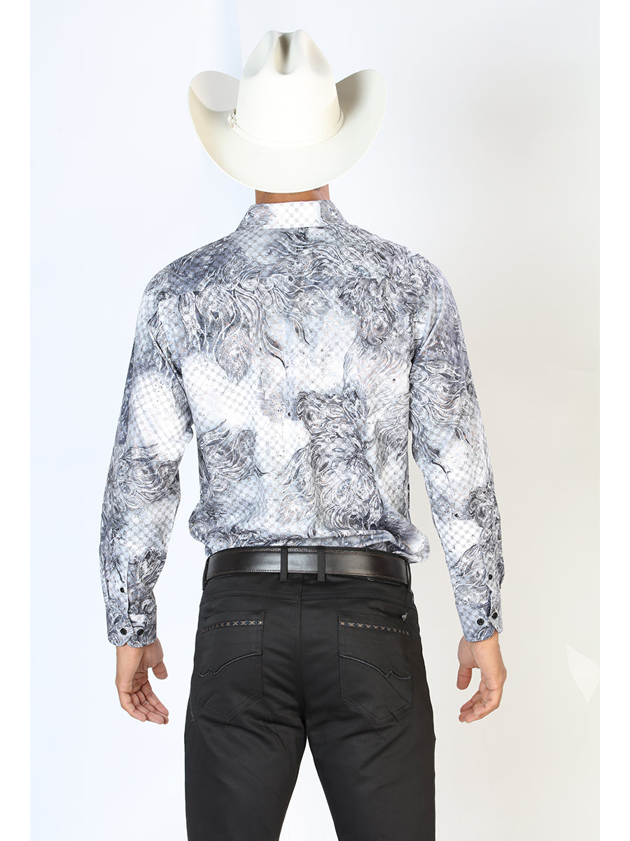 Gray Printed Long Sleeve Denim Shirt for Men 'The Lord of the Skies' - ID: 43862