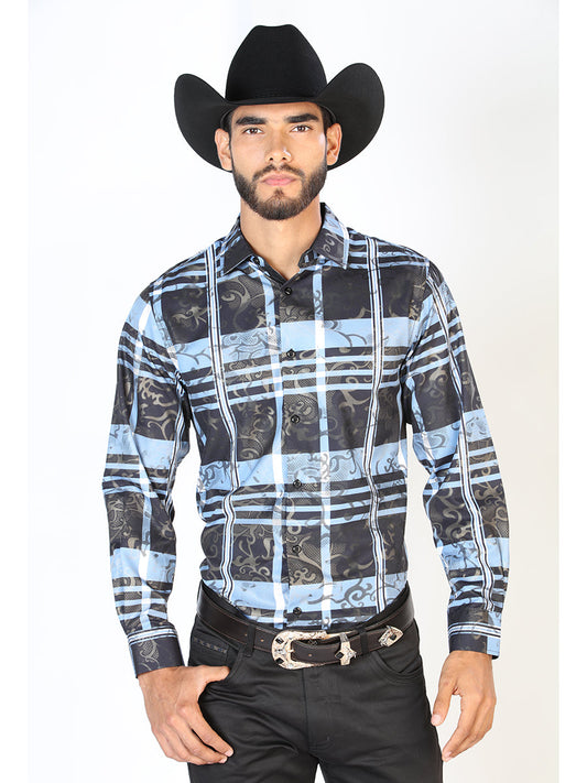 Long Sleeve Denim Shirt Printed Black / Blue Squares for Men 'The Lord of the Skies' - ID: 43864