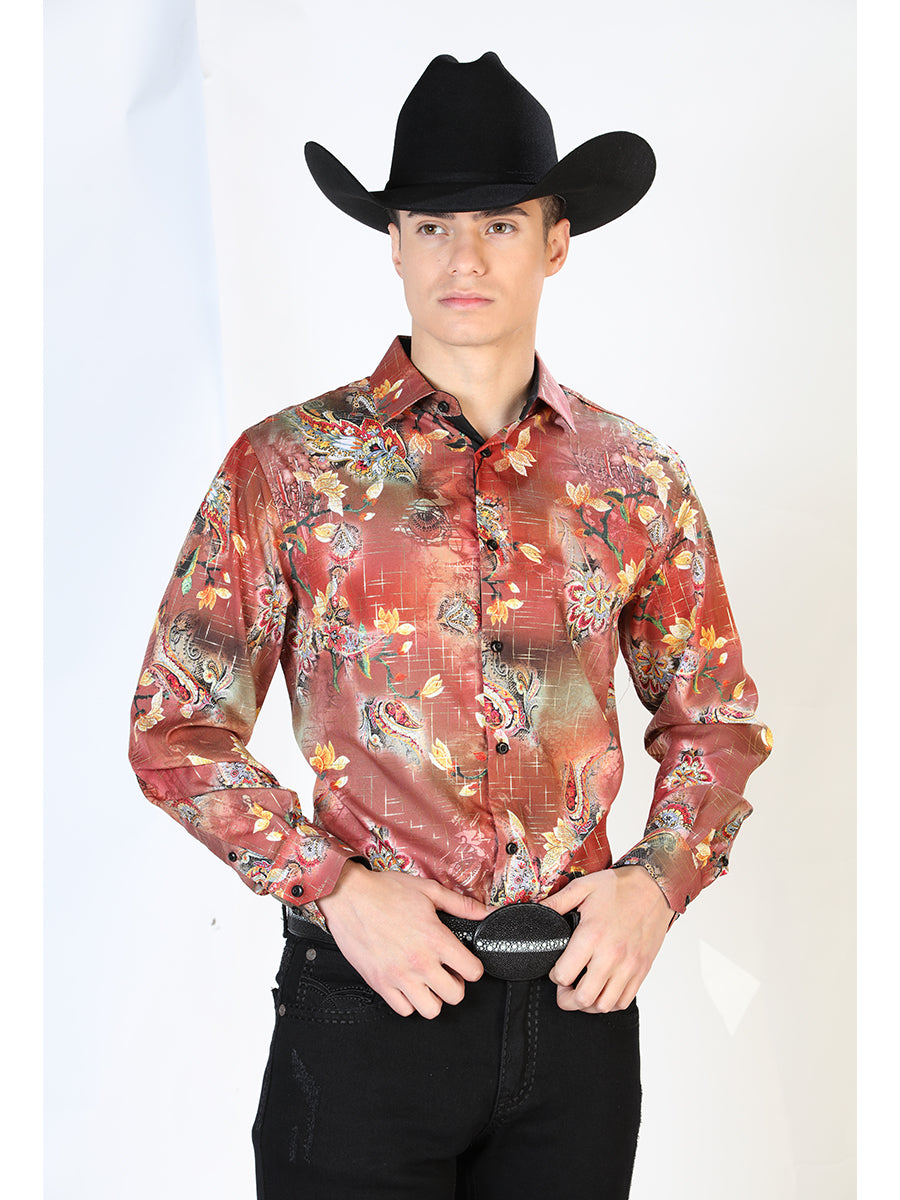 Orange Floral Printed Long Sleeve Denim Shirt for Men 'El Señor de los Cielos' - ID: 43865 Western Shirt El Señor de los Cielos Orange