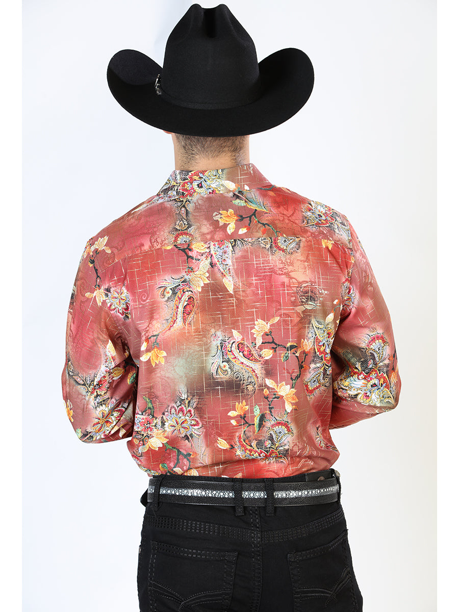 Long Sleeve Orange Floral Print Denim Shirt for Men 'The Lord of the Skies' - ID: 43865