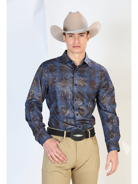 Long Sleeve Denim Shirt Printed Blue / Black Squares for Men 'The Lord of the Skies' - ID: 43866